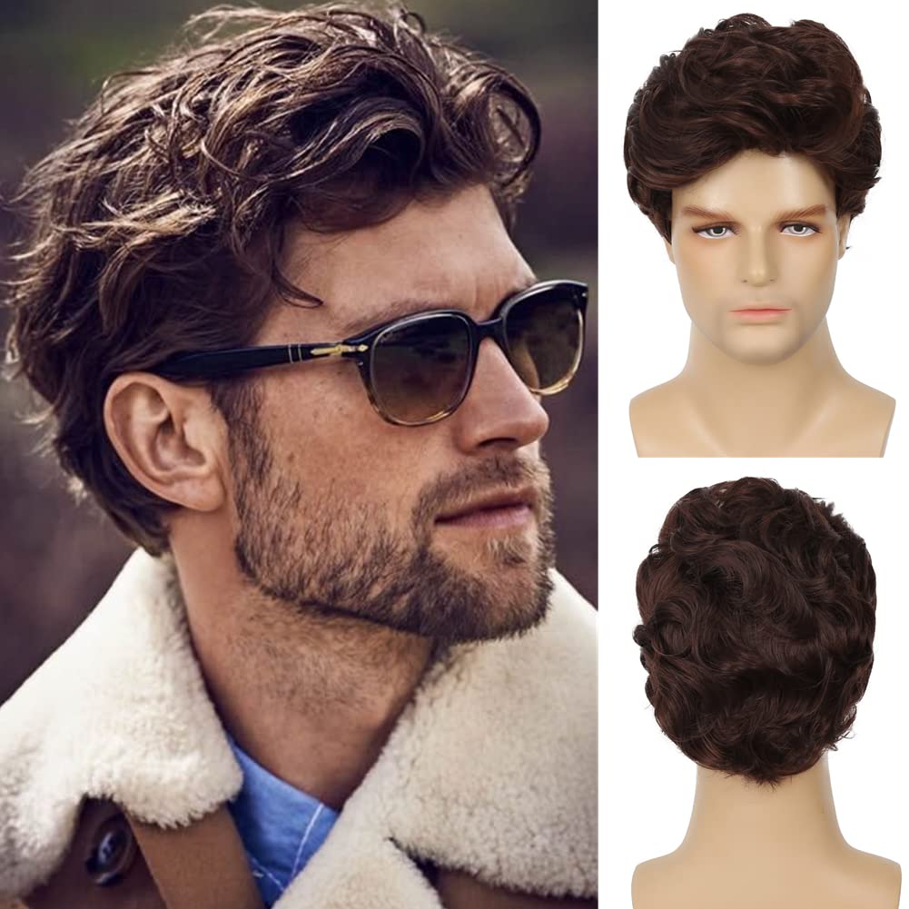 Photo 1 of Swiking Men Wig Short Brown Curly Wigs Heat Resistant Synthetic Layered Fluffy Cosplay Daily Wig for Male Guys