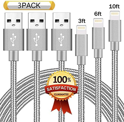 XIANDAN Lightning Cable 3Pack 3FT 6FT 10FT Nylon Braided Certified iPhone Cable USB Cord Charging Charger for iPhone X, 8, 8 Plus, 7, 7 Plus, 6s, 6s Plus, 6, 6 Plus, SE, iPad - Gray