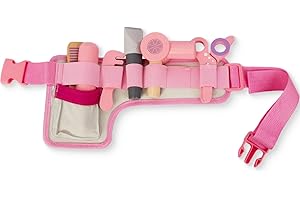 WoodenEdu Wooden Hair Salon Toys for Girls, Pretend Play Beauty Salon Set with Realistic Accessories, Blow Dryer, Straightener, Tool Belt and Styling Accessories