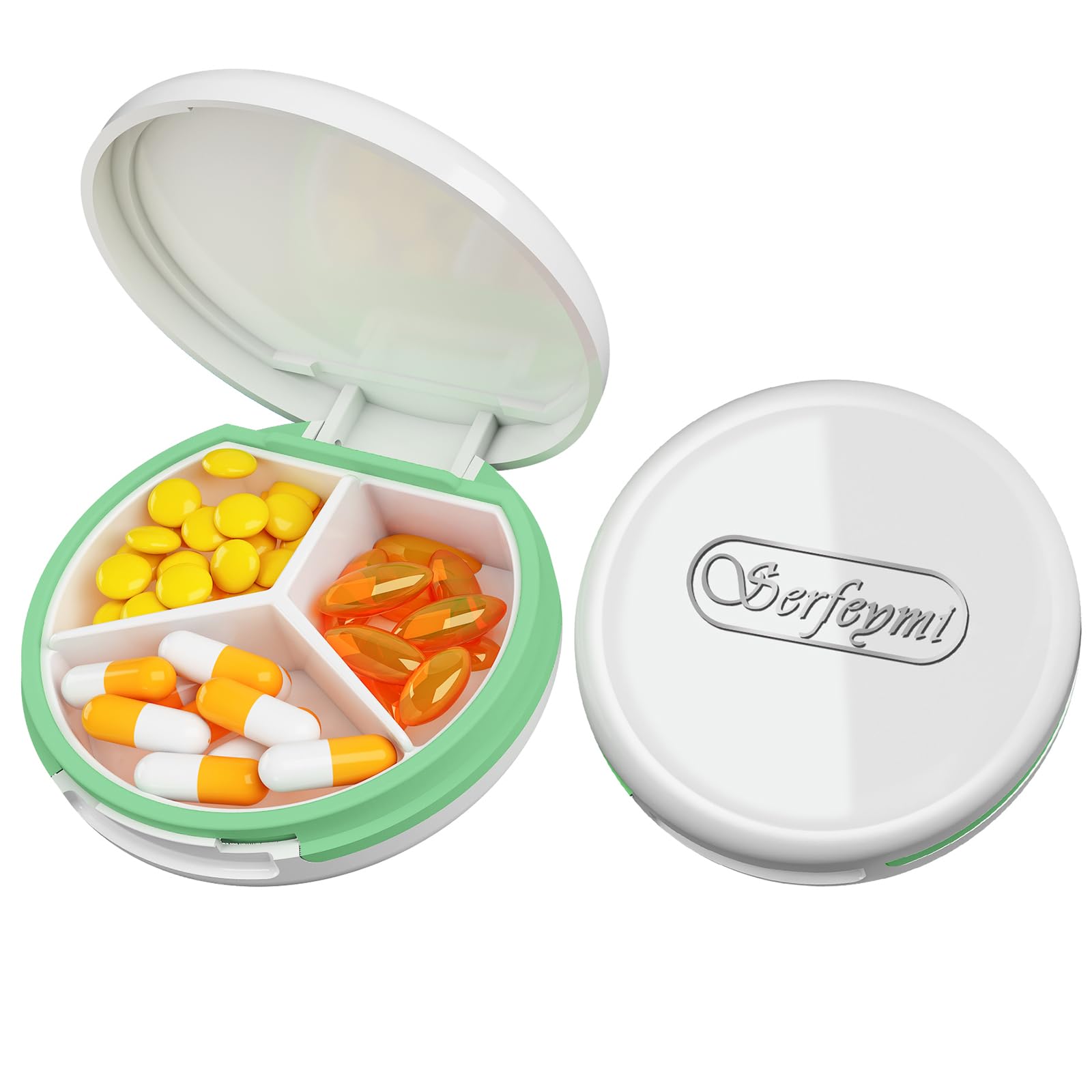 Photo 1 of Serfeymi Small Pill Box - 3 Compartments Portable Pill Box for Purse Pocket, Compact Mini Travel Pill Case - Suitable for Medicine, Vitamin, Fish Oil, Supplements - White(Logo)