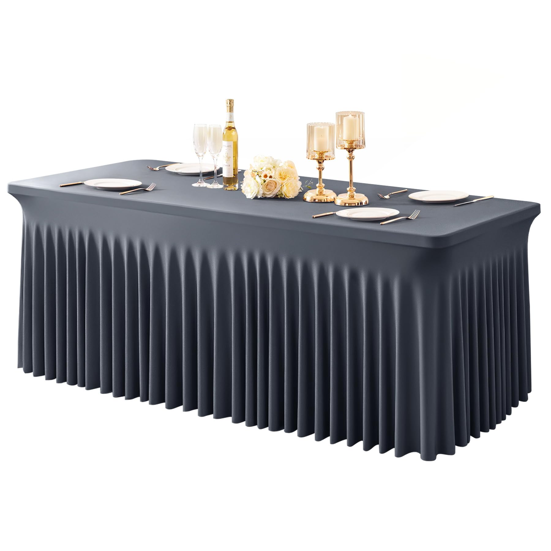 Photo 1 of 1 Pack Grey Table Clothes for 8 Foot Rectangle Tables, One-Piece Wrinkle Resistant Stretch Spandex Table Covers with Skirt for Event Banquet Wedding Birthday Party