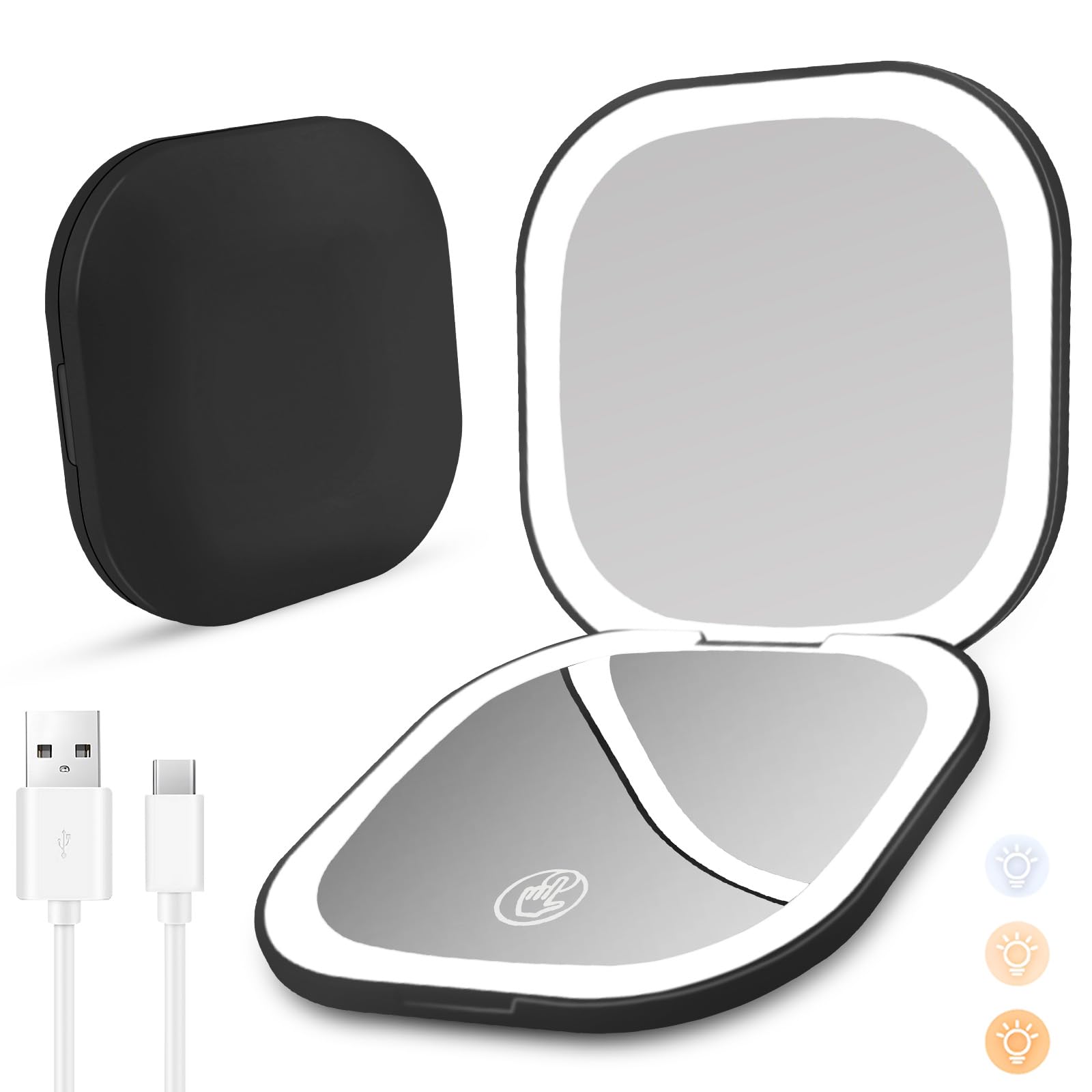 Yomaido Magnifying Compact Mirror with Light, Travel Makeup Mirror USB Rechargeable 1X/3X with 24LEDs Dimmable, Portable Folding Mirror for Handbag Pocket, Present for Women Travel Essentials - Black