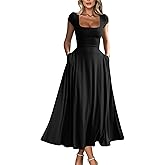 YMDUCH Women's Casual Short Sleeve Square Neck Solid Slim Flowy Maxi Dress with Pockets