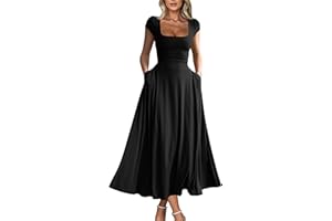 YMDUCH Women's Casual Short Sleeve Square Neck Solid Slim Flowy Maxi Dress with Pockets
