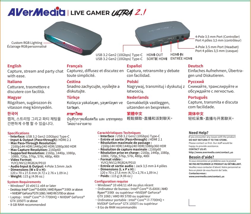 AVerMedia 4K60 Capture Card with HDMI 2.1, Low Latency, 4K144/4K120 Passthrough, Game Capture Device for PS5, PS5 Pro, Xbox, Switch, Streaming on Twitch, OBS on Mac & PC, GC553G2 Live Gamer Ultra 2.1