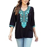 AK Embroidered Tops for Women 3/4 Sleeve Traditional Mexican Shirts V Neck Boho Floral Peasant Tops Loose Tunic Blouses
