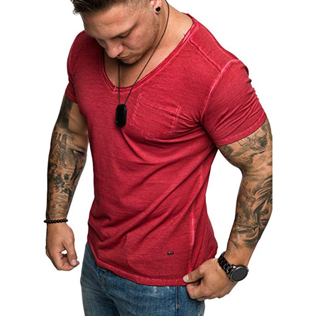 LEXUPA Mens t Shirts Fashion Mens Summer Slim Casual Pocket V-Neck Fit Short Sleeve Top Blouse