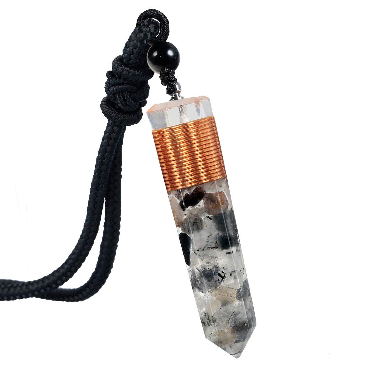 mookaitedecor Black Rutilated Quartz Point Pendent Necklace for Women Men, Resin Healing Crystal Chip Necklace Crystal Pendulum Necklace Hexagonal Semi Precious Stone Reiki Chakra Spiritual Gift