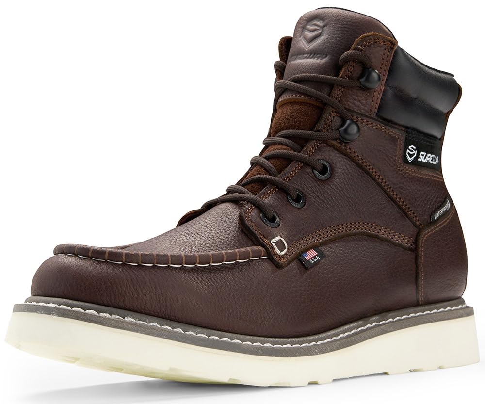 Photo 1 of SUREWAY Men's 6" Heavy Duty Soft Toe Waterproof Work Boots,EH Safety Leather Construction Industrial Boots,Lace Up Moc Toe Boot, Oil/Slip Resistant Comfortable Outsole
