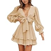 Dokotoo Womens Casual Spring Fall 2025 Deep V Neck Knotted Tiered Chiffon Elegant Mini Short Swing Skater Dresses