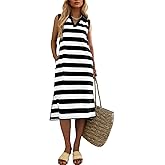 Mieazom Women's Striped Summer Dress Casual Lapel Collared V Neck Sleeveless Side Slit Midi Dresses Loose Fit with Pockets