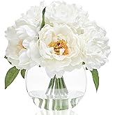 Artificial Flowers in Vase, Silk White Peonies Flowers with Globe Glass Vase & Faux Water, Fake Flower Arrangement for Home Dining Table Centerpieces Winter Spring Chritmas Wedding Party Decor Gift