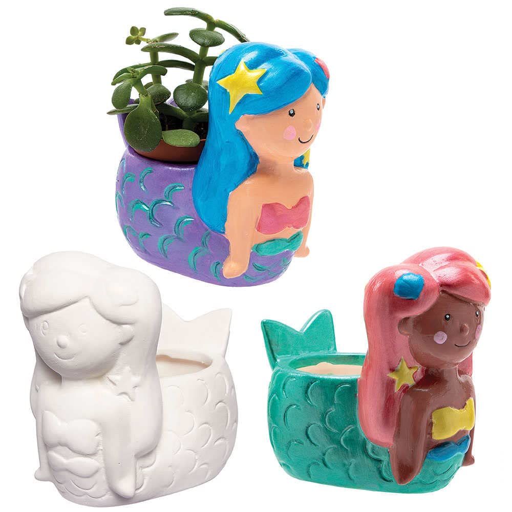 Baker Ross FC835 Mermaid Ceramic Flowerpots - Box of 3, Craft Kits for Kids, Plant Pot Painting, Ceramics Crafts, Green