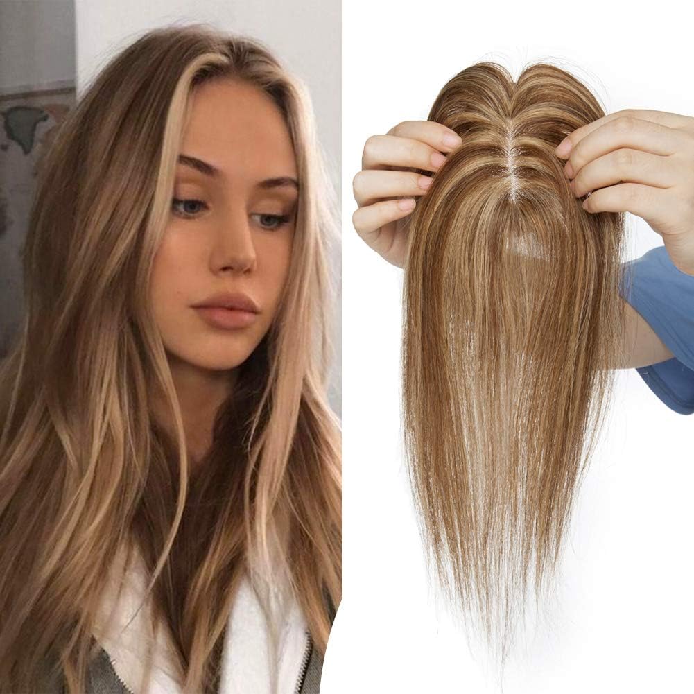 Highlighted Human Hair Toppers for Women With Thinning Hair Clip in Top Hair Piece Silk Base Top Hairpiece 100% Density Hand-made Crown Hair Extensions 16 inch Medium Brown mixed Dark Blonde #4&27