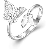 FLYOW Butterfly Ring 925 Sterling Silver Double Butterfly Wrap Around Ring with White CZ Adjustable Thumb Open Rings for Women Jewelry Gifts