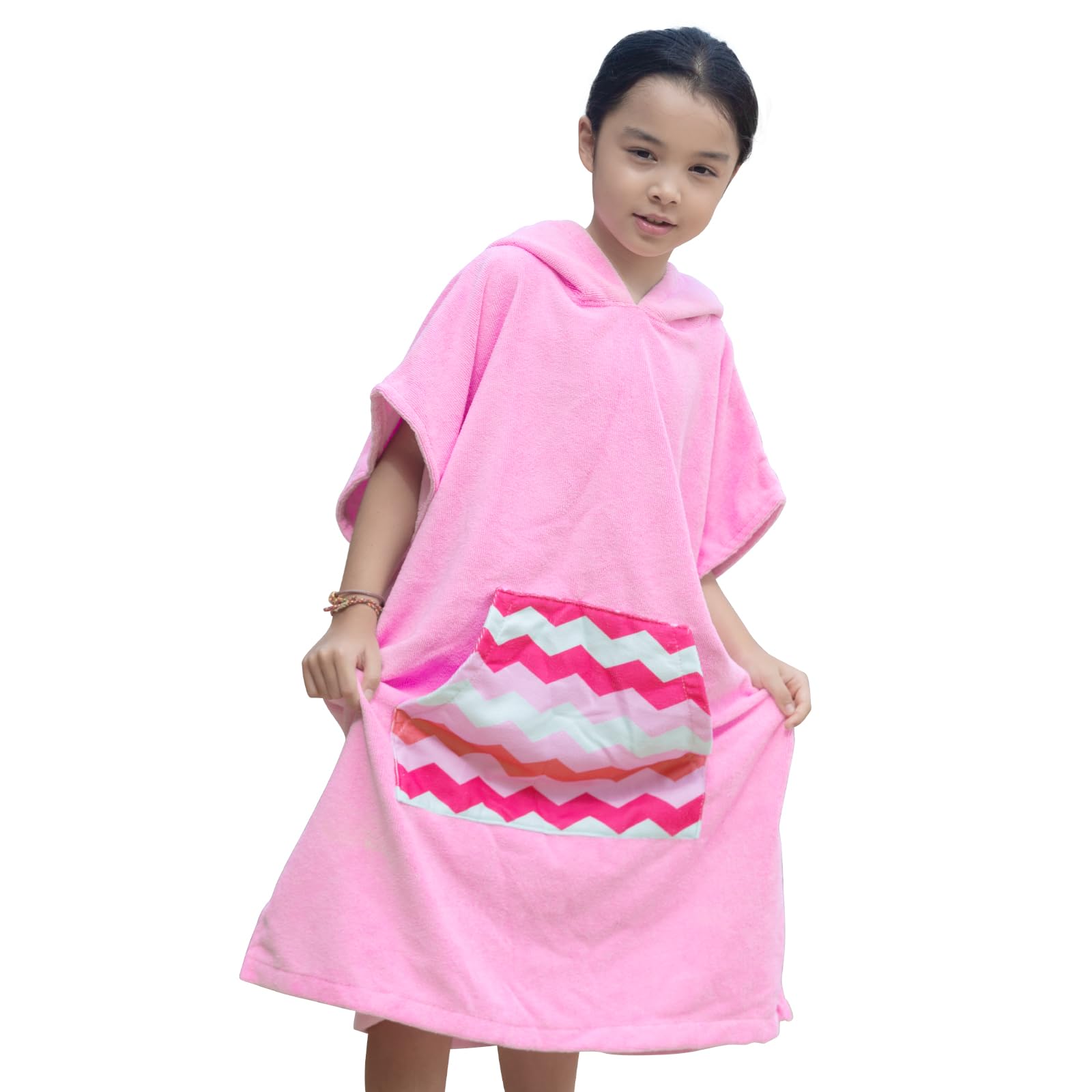 DiaryLook Kids Swimming Changing Robe with Hood, Beach Poncho Towel with Pockets Boys & Girls Quick Dry, Bath Robe Surfing Watersport Pink Stripes 10-13 Years