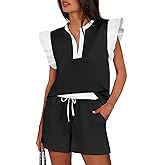 Tankaneo Womens 2 Piece Lounge Sets Summer Outfits V Neck Ruffle Cap Sleeve Tops and Shorts Vacation Matching Set