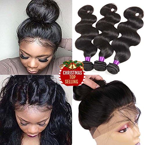 Indian Virgin Hair Body Wave 360 Lace Frontal Closure with Bundles Raw Indian Hair Body Wave with 360 Frontal Pre Plucked 360 Frontal with Bundles (22 24 26+20 360frontal, Natural Color)