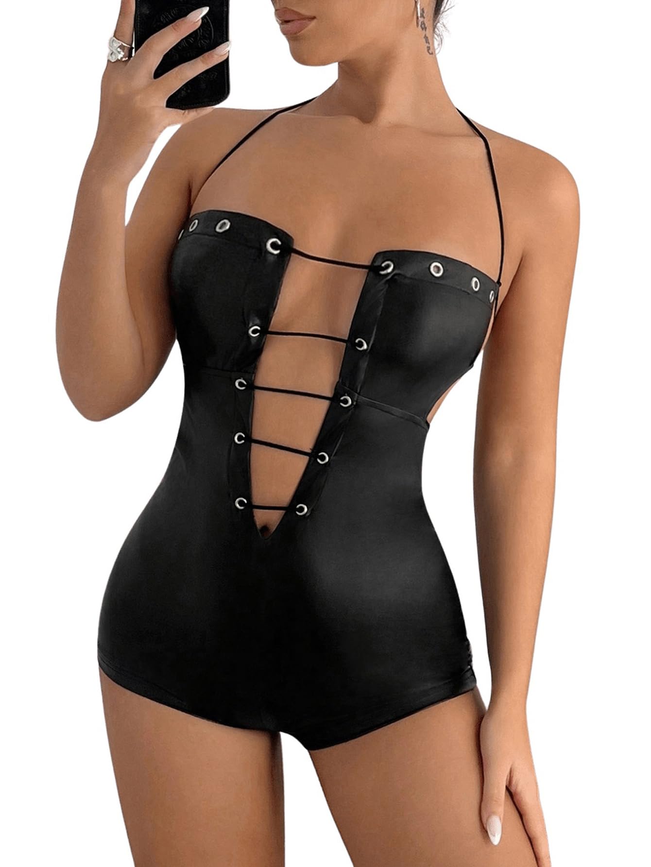 Photo 1 of OYOANGLE Women's Lace Up Cut Out Sleeveless Halter Unitard Criss Cross Backless Bodysuit Black Small