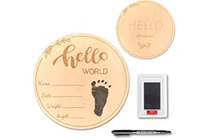 PDRYLY Baby Birth Announcement Sign with Marker Pen, Wooden Hello World Newborn Sign with Ink Pad for Baby Hand and Footprints, Double-sided Newborn Announcement Sign for Baby Shower Photo Prop Keepsakes