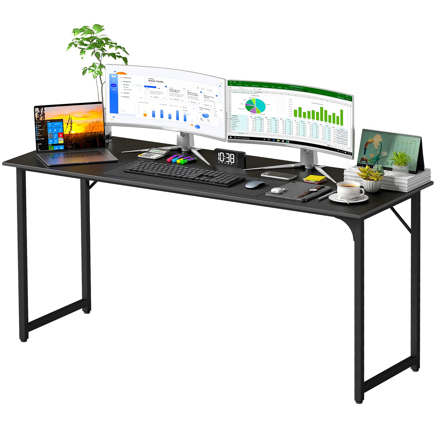 PayLessHere | 63 Inch Computer Desk | Black | Office Desk with Metal Frame, Adjustable Feet | Water-Resistant, Scratchproof Surface | Sturdy Writing Table for Home Office or Study | Pack of 1 Image