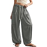 ZAFUL Boho Casual Pants for Women Baggy Pant Ruched Flowy Bottom Elastic Drawstring Waist Trouser with Pockets