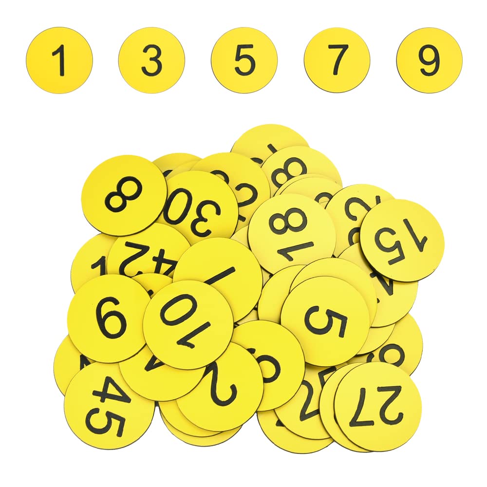 SIYINGSAERY 50 PCS Plastic Number Tags Engraved Numbered Tags Dia 30mm Numbered Discs Round Key Tag ID Tag Lables Table ID Number Tags Without Hole for Organizing and Sorting (1-50, Yellow)