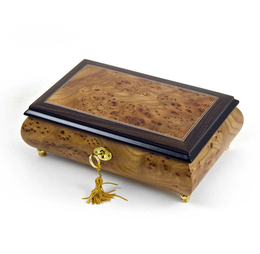 Classic Style 18 Note Light Burl-Elm with Rosewood Border Musical Jewelry Box - Many Songs to Choose