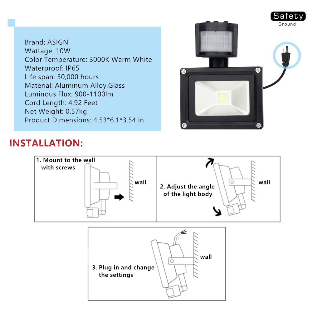 （Big Sale） 10W Motion Sensor LED Flood Light, 3000K Warm White, 1100lm(Max), IP65 Waterproof Security Spotlight with PIR for Driveway, Square - Black