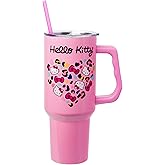 Silver Buffalo Sanrio Hello Kitty Leopard Jungle Cat Print and Bows Heart Double Walled Stainless Steel Tumbler with Handle and Straw, Fits in Standard Cup Holder, 40 Ounces