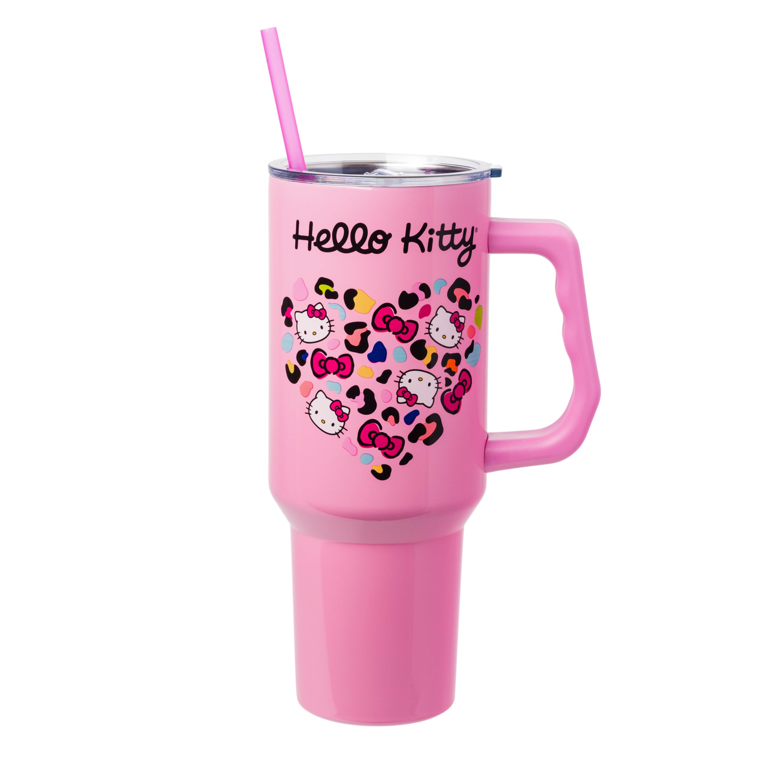 Silver Buffalo Sanrio Hello Kitty Leopard Jungle Cat Print and Bows Heart Stainless Steel Tumbler with Handle and Straw, Fits in Standard Cup Holder, 40 Ounces (Pack of 12) Image