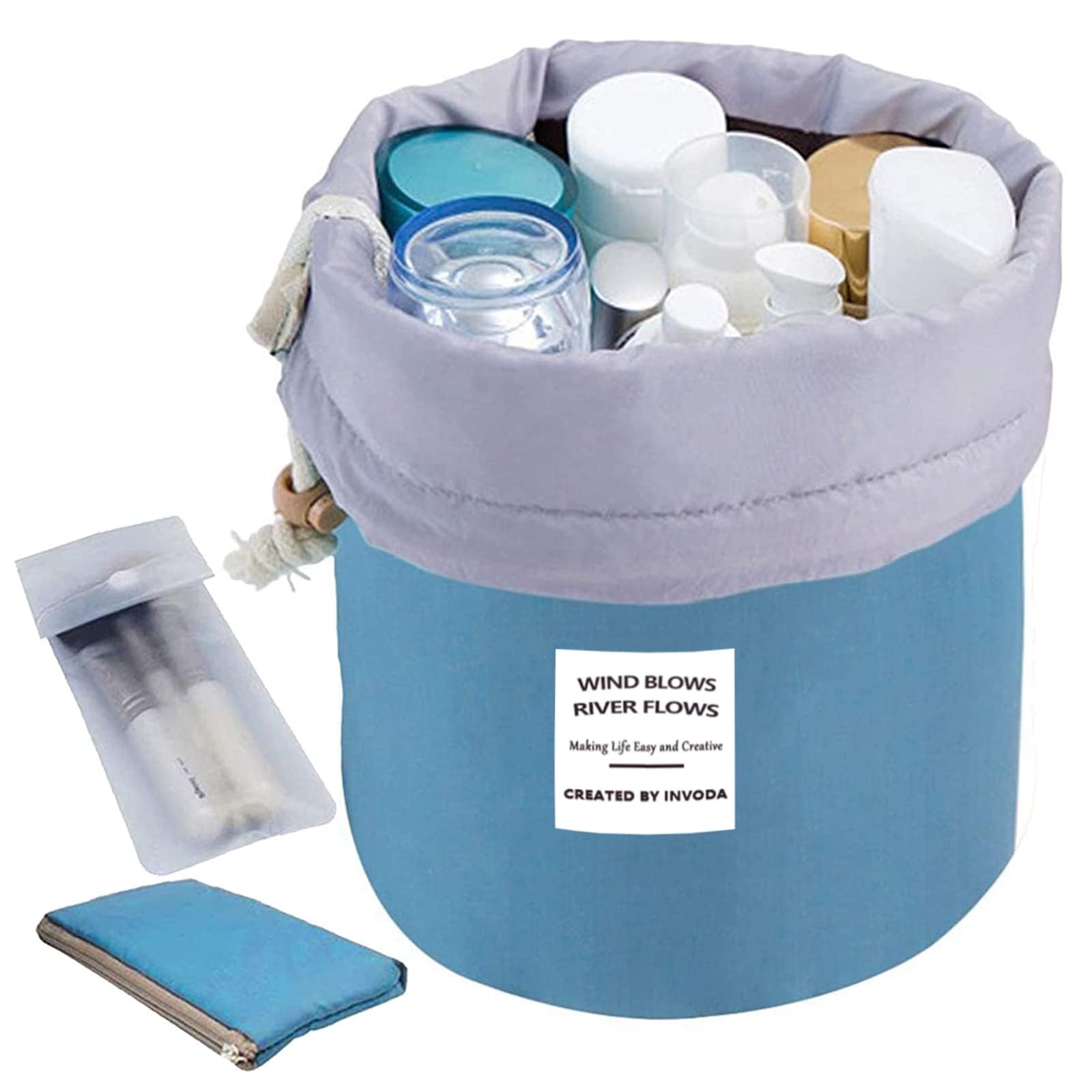 INVODA Drawstring Makeup Bag Large Delicates Wash Bag Women Make Up Bag Organizer Mom Birthday Gifts for Women Best Mothers Day Gifts(Blue)
