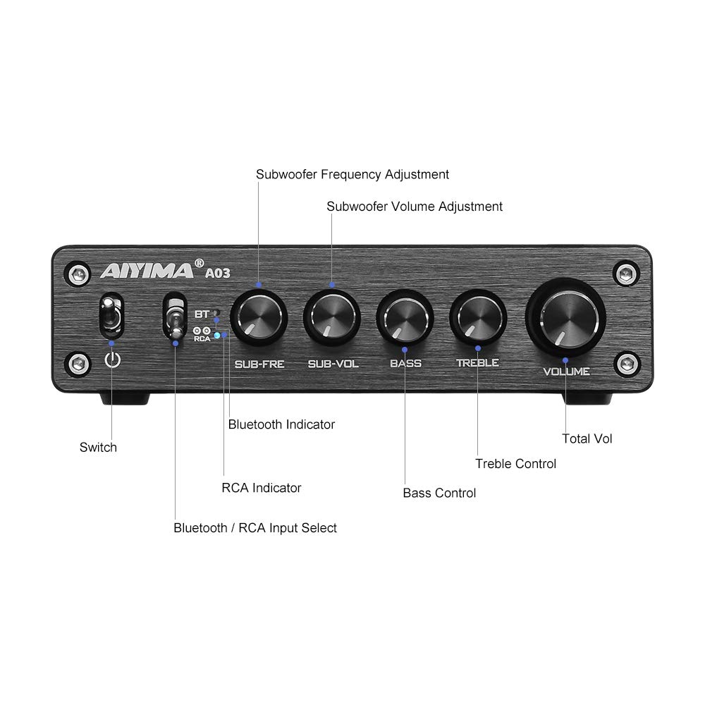 AIYIMA A03 2.1 Channel Class D Amplifier 50W * 2+100W TPA3116 Bluetooth Stereo Amp HiFi Power Amplifier with Power Adapter for Home Outdoor Passive Speakers/Subwoofer/Active sub