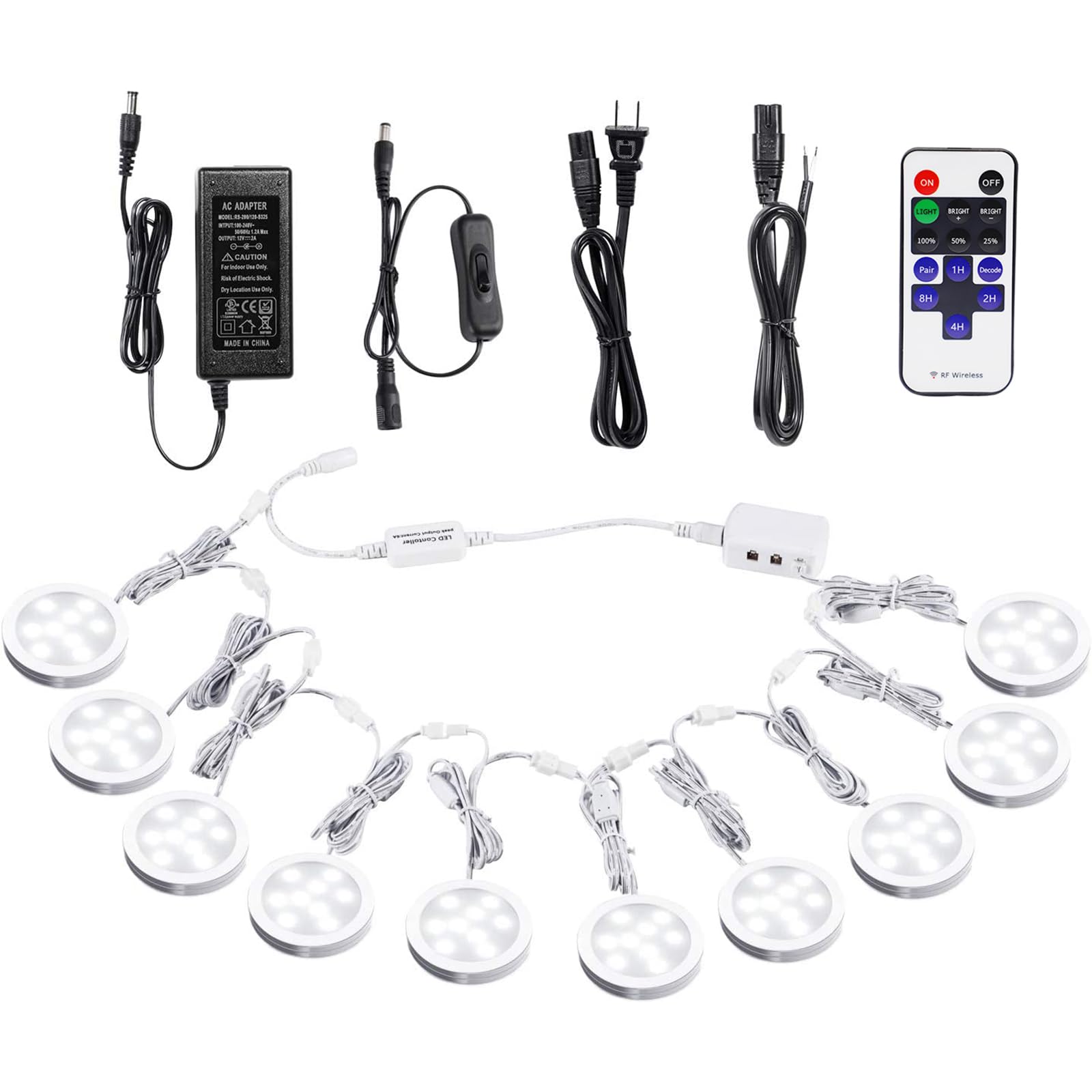 Photo 1 of AIBOO Linkable Under Cabinet LED Lighting 12V Dimmable Puck Lights with Wireless RF Remote Control, Hardwired & Wall Plug in for Display Lighting(10 Lights, Daylight White)
