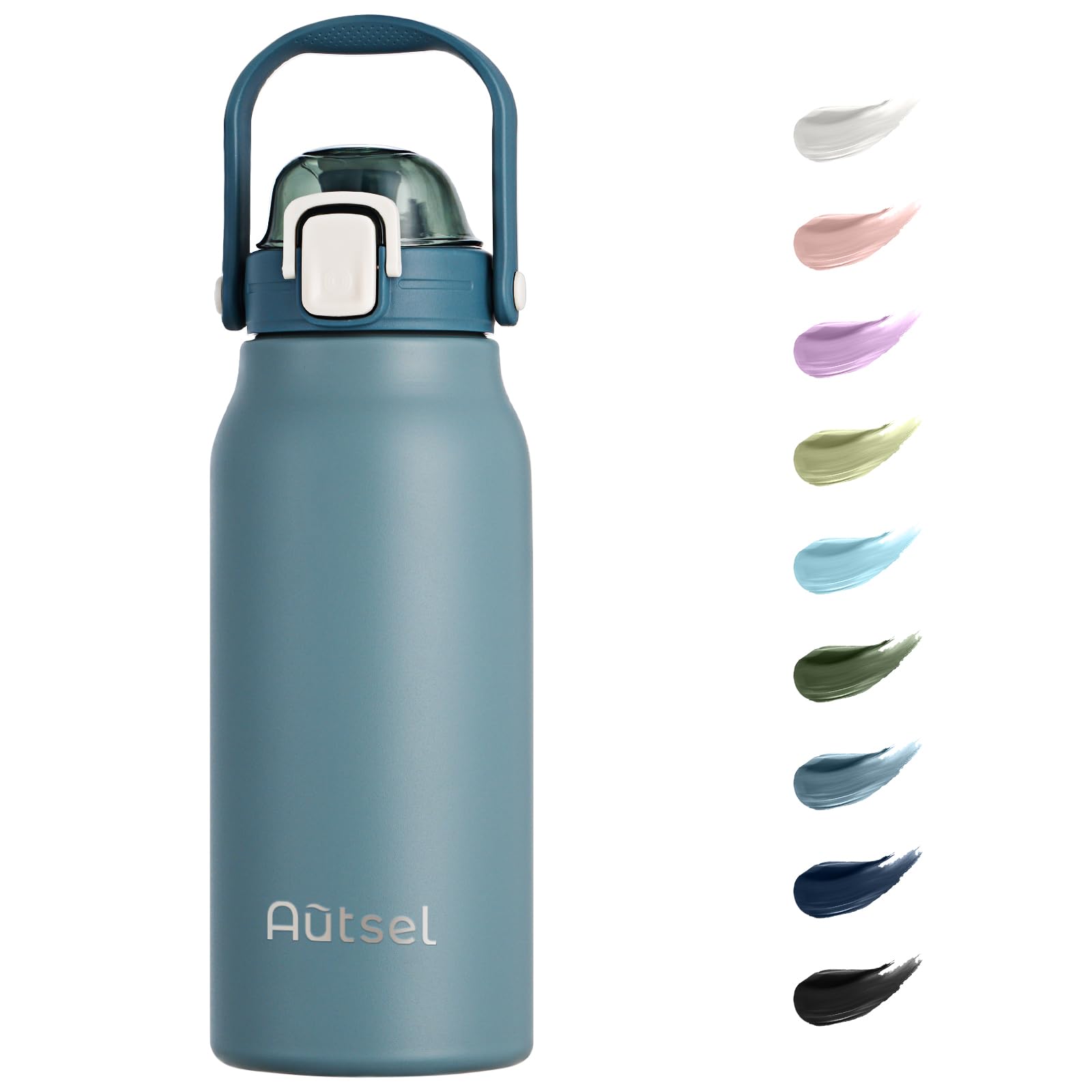 Autsel 1.7L Stainless Steel Water Bottle with Straw - Large Metal Flask with Handle - Double Walled Insulated Sports Bottle - Leakproof for Gym Sports, Smoke Blue — image 1
