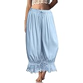 TARSE Women Linen Lace Trim Long Bloomers Pants Ruffle Victorian Vintage Pantaloons Summer Beach Travel Vacation Pants