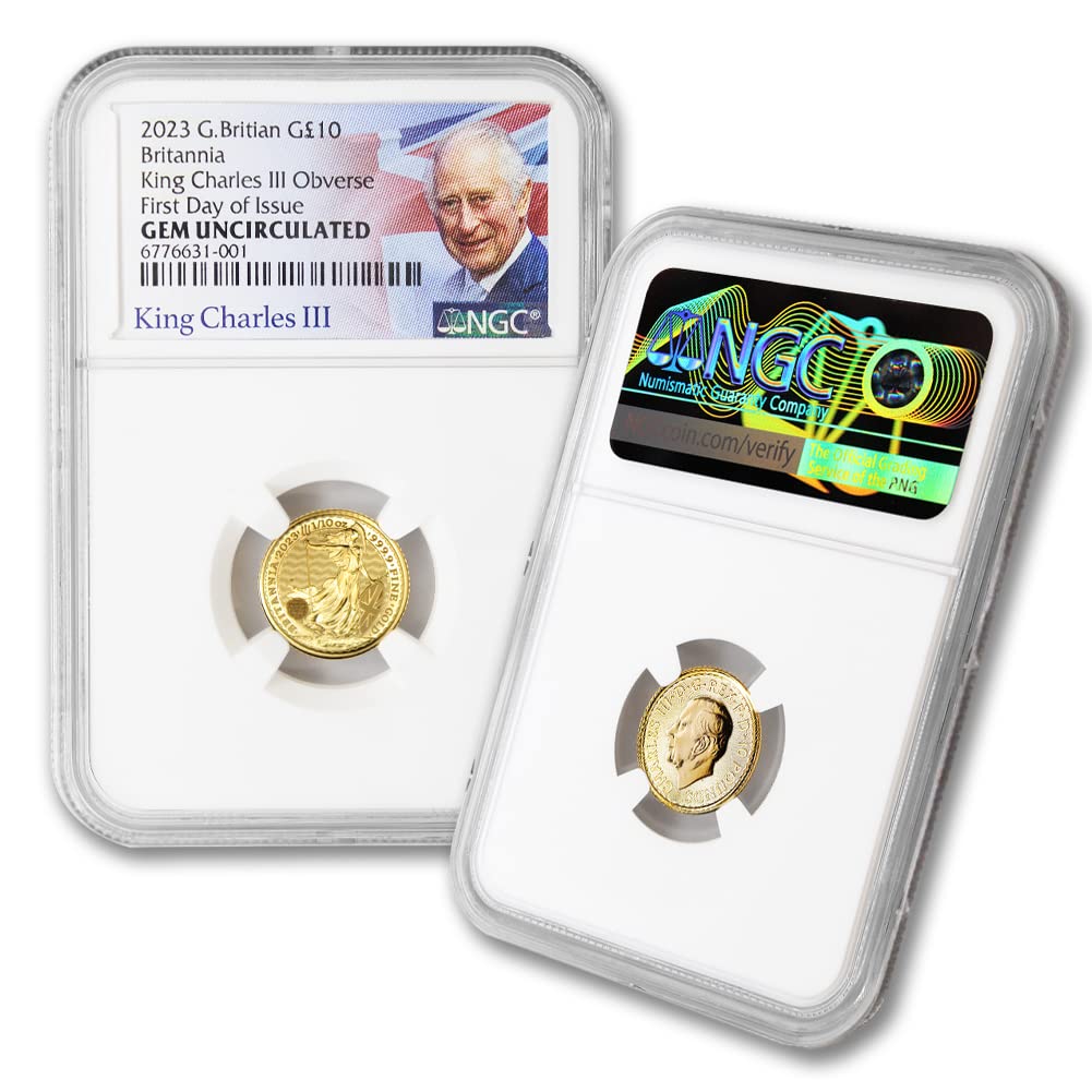 2023 1/10 oz British Gold Britannia Coin (King Charles III) Gem Uncirculated (First Day of Issue) by the Royal Mint 24K 10£ NGC GEMUNC