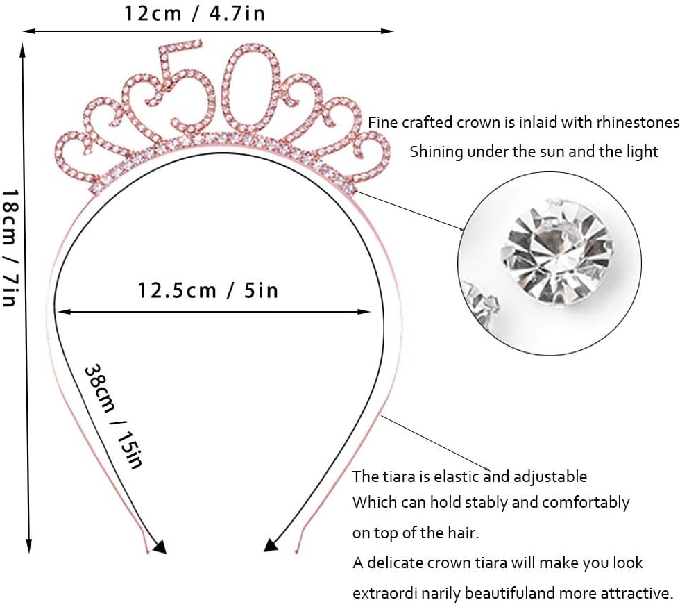 50th Birthday Sash and Crystal Tiara Birthday Crown for 50th Birthday Decorations Women Birthday Gift Party Accessories (Rose Gold) - Image 3