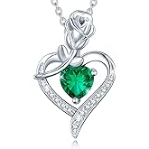 AGVANA Valentines Day Gifts Rosy Reverie Birthstone Necklace for Women Sterling Silver Genuine or Created Gemstone Rose Flower Heart Pendant Necklace Anniversary Birthday Gifts for Women Mom Wife Her