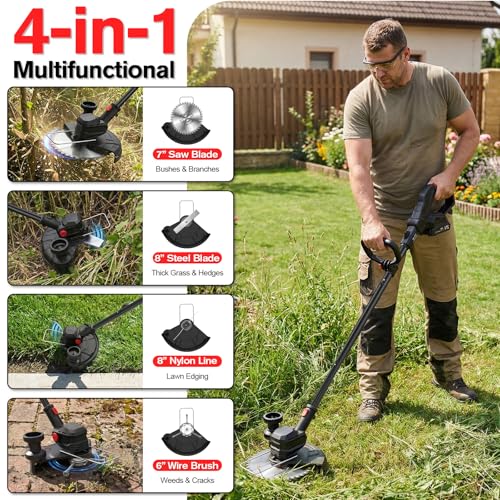 SMILOVII 21V Cordless Weed Wacker Lawn Edger, 4.6lbs Lightweight Battery Powered String Trimmer, 4-in-1 Brush Cutter with Metal Blades, Wire Brush & Guide Wheel for Garden Edging (2 Batteries, 2.0Ah)