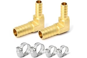 GASHER 2 Pieces Brass Hose Barb Reducer, 1/2 Inch to 3/8 Inch Barb Hose ID 90 Degree L Right Angle Elbow with 4 Hose Clamps, Brass Barb Reducer SPLICER Fitting Fuel/AIR/Water/Oil/Gas/WOG