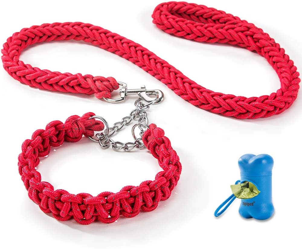 HIPIPET Highly Reflective Dog Leash and Collar Set Braided Explosion-Proof Rope Chain for Large Dogs
