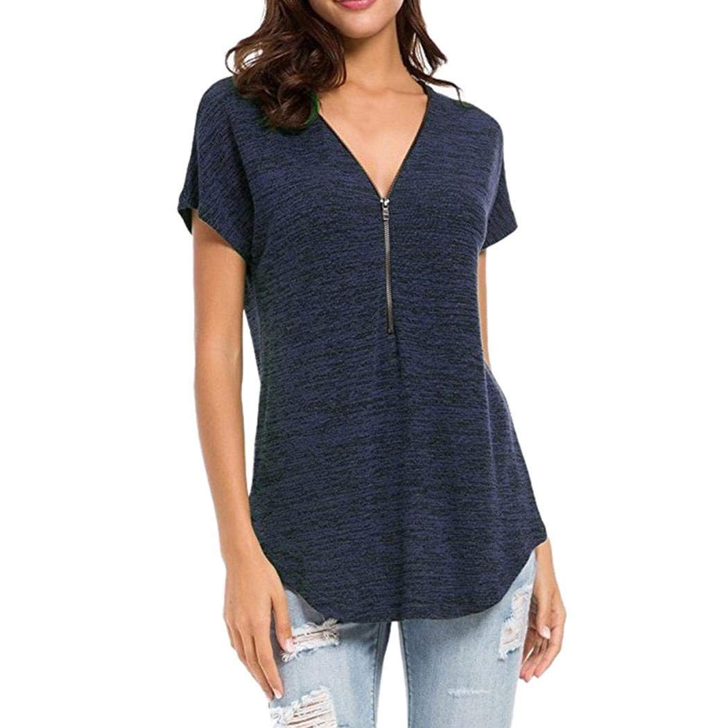 Suidone Womens Loose Fitting Zip Up Deep V Neck Short Sleeve Tops Tunic Casual T Shirts Blouse Blue