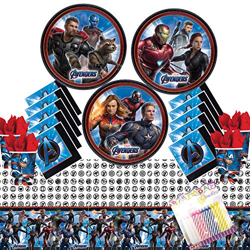 Avengers Endgame Party Supplies Pack Serves 16: Dessert Plates Luncheon Napkins Cups and Table Cover with Birthday Candles (Bundle for 16)