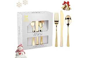WDF 120 Pieces Gold Plastic Silverware - Disposable Flatware Set - Heavy Duty Christmas Plastic Cutlery - Silverware Includes 40 Forks, 40 Spoons, 40 Knives