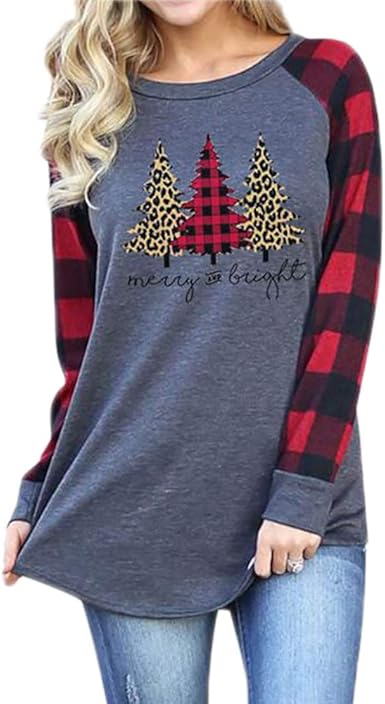 Women Christmas Shirts Tree Car Plaid 