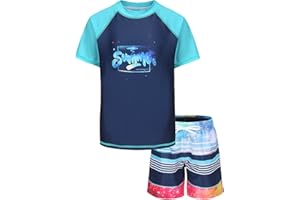 LOLLISY Boys Rash Guard Swimsuits Set for Boys 2 Piece Short Sleeve Swim Shirts Quick Dry Bathing Suits with Trunks