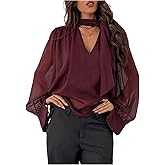 BEAUDRM Women's Dressy Casual Blouses Chiffon Sheer Long Sleeve Shirts Tie Neck Business Work Tops