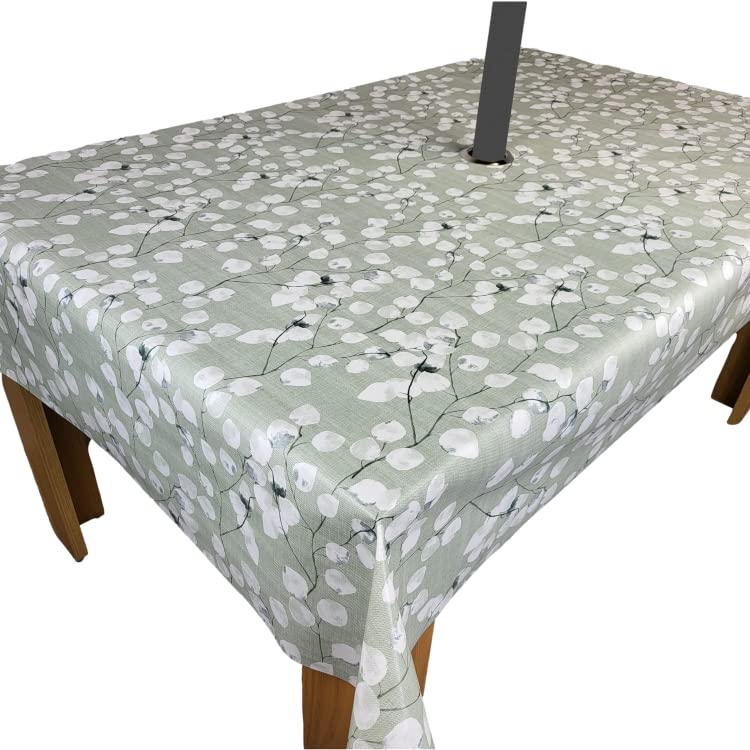 Karina Home Outdoor Garden Tablecloth with Parasol Umbrella Hole Sage Green Leaf Wipe Clean 140cm x 140cm