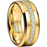TUTISS 8mm Silver/Black/Gold Tungsten Rings for Men Women Couple Eternity Anniversary Engagement Wedding Bands Fashion Jewelry CZ Stone Inlay Beveled Polished Shiny Comfort Fit